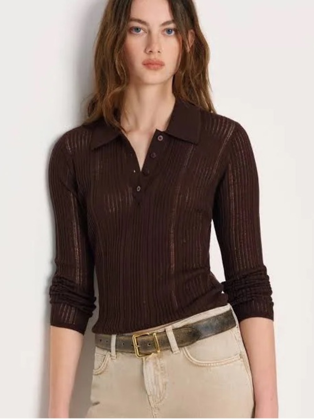 NWT Reformation Hermia Chocolate Merino Ribbed Polo Knit